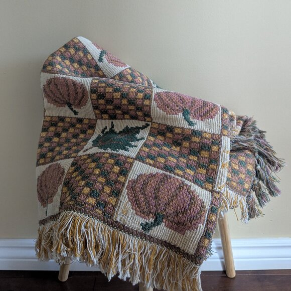PUMPKIN FALL PRINT VINTAGE KNIT NAVAJO RUG BLANKET - Picture 1 of 4